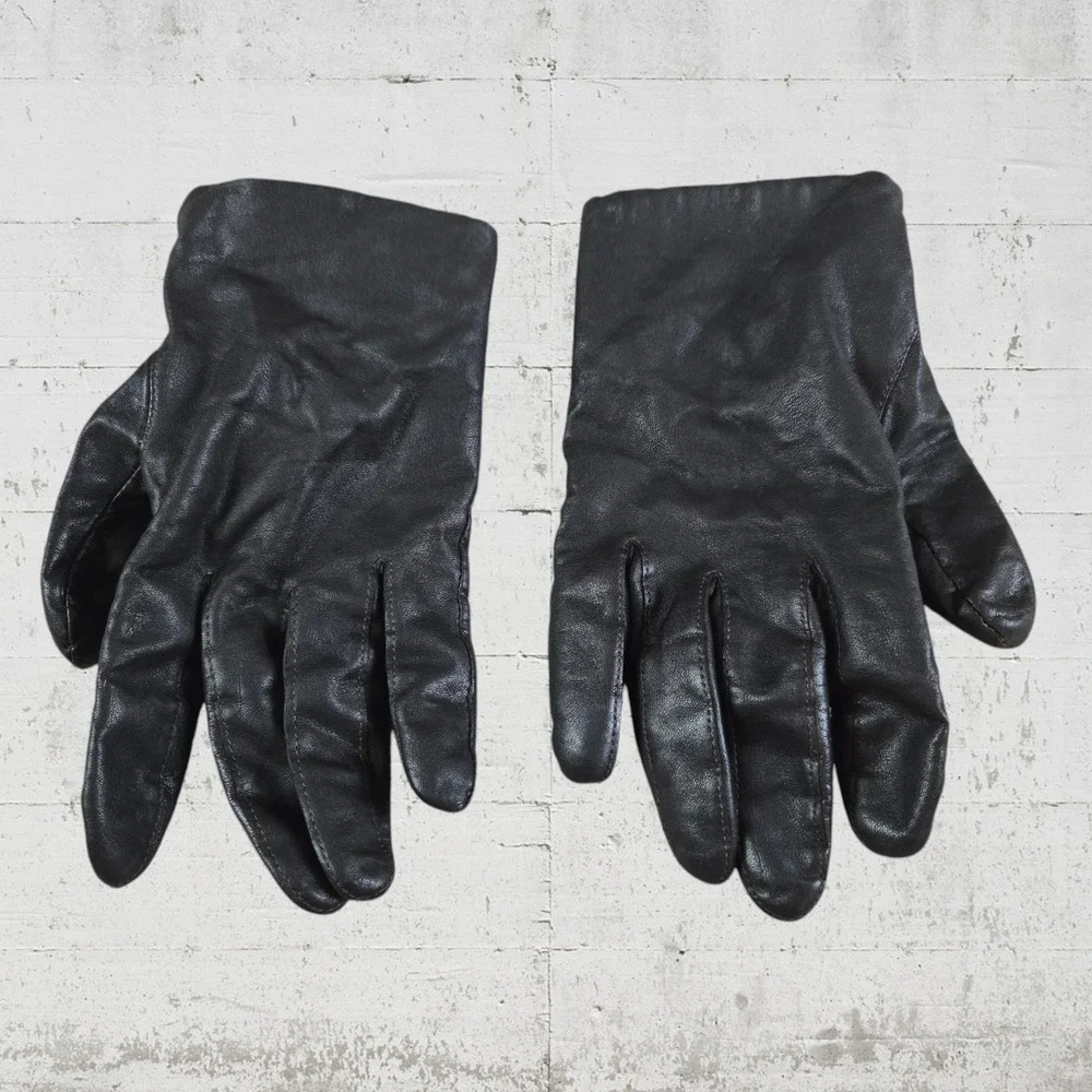 Vintage 70s Black Leather Wool Blend Lined Driving Gloves Size Small